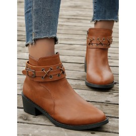 Vintage Plain Wearable Zipper Block Heel Classic Boots Buckle