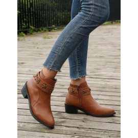 Vintage Plain Wearable Zipper Block Heel Classic Boots Buckle