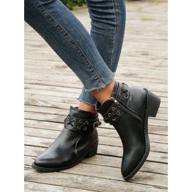 Vintage Plain Wearable Zipper Block Heel Classic Boots Buckle