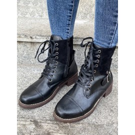 Retro Stitching Lace-up Zipper Boots