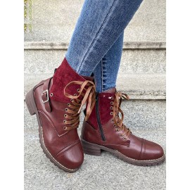 Retro Stitching Lace-up Zipper Boots