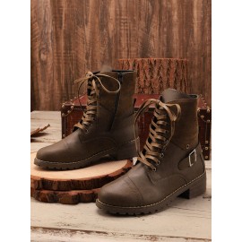 Retro Stitching Lace-up Zipper Boots