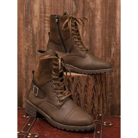 Retro Stitching Lace-up Zipper Boots