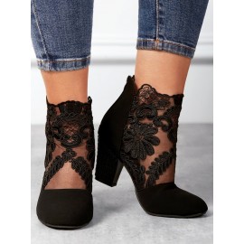 Lace Split Joint Chunky Heel Sandals Boots with Back Zip