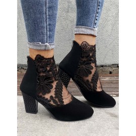 Lace Split Joint Chunky Heel Sandals Boots with Back Zip