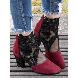 Lace Split Joint Chunky Heel Sandals Boots with Back Zip