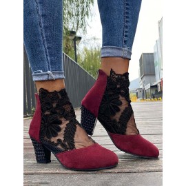 Lace Split Joint Chunky Heel Sandals Boots with Back Zip