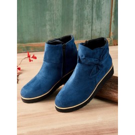 Comfortable Soft Leather Bow Round Toe Low Heel Booties