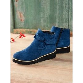 Comfortable Soft Leather Bow Round Toe Low Heel Booties
