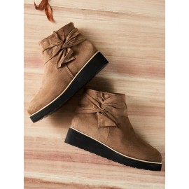 Comfortable Soft Leather Bow Round Toe Low Heel Booties