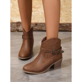 Vintage Plain Non-Slip Zipper Block Heel Cowboy Boots Buckle