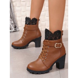 Vintage Color Block Wearable Zipper Block Heel Classic Boots Split Joint