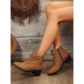 Vintage Plain Non-Slip Zipper Block Heel Classic Boots Buckle