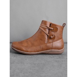 Women Casual Soft Braided Strap Lether PU Flat Heel Snow Boots