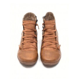 Women Lether Fall Flat Heel PU Boots