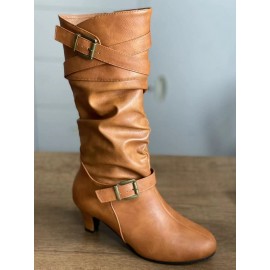 Casual Ruched Buckle Chunky Heel Boots