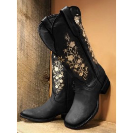 Square Toe Embroidered Western Cowboy Boots Chunky Heel Boots