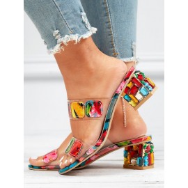 Colorful PVC Double Straps Rhinestone Chunky Heeled Sandals