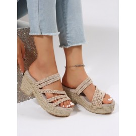 Multi Braided Straps Platform Chunky Heel Espadrille Sandals