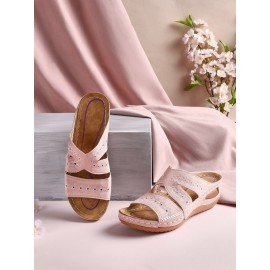 Floral Embroidered Cutout Boho Casual Wedge Slides