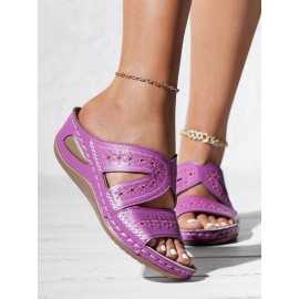 Floral Embroidered Cutout Boho Casual Wedge Slides