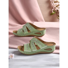 Floral Embroidered Cutout Boho Casual Wedge Slides
