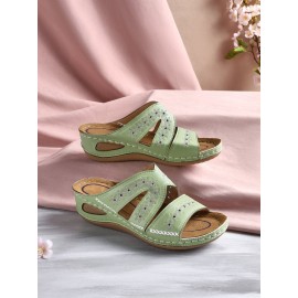 Floral Embroidered Cutout Boho Casual Wedge Slides