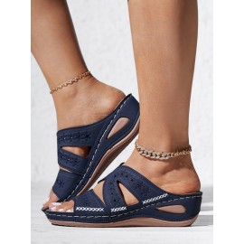 Floral Embroidered Cutout Boho Casual Wedge Slides