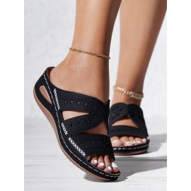 Floral Embroidered Cutout Boho Casual Wedge Slides