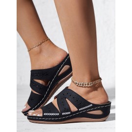 Floral Embroidered Cutout Boho Casual Wedge Slides