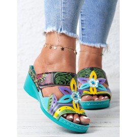 Retro Color Contrast Ethnic Style Flower Hollow Wedge Sandals