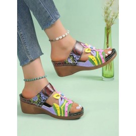Retro Color Contrast Ethnic Style Flower Hollow Wedge Sandals