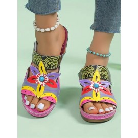 Retro Color Contrast Ethnic Style Flower Hollow Wedge Sandals