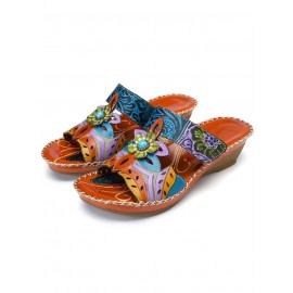 Retro Color Contrast Ethnic Style Flower Hollow Wedge Sandals