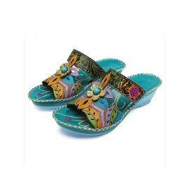 Retro Color Contrast Ethnic Style Flower Hollow Wedge Sandals