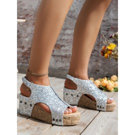 Glitter Glitter Platform Wedge Peep Toe Sandals