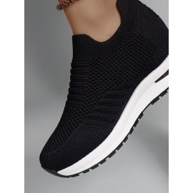 Casual Plain Breathable Slip On Block Heel Fly Woven Shoes