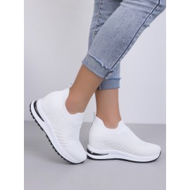 Casual Plain Breathable Slip On Block Heel Fly Woven Shoes