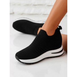 Casual Plain Breathable Slip On Block Heel Fly Woven Shoes
