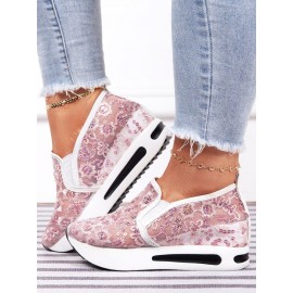 Breathable Floral Embroidery Slip-on Muffin Sneakers