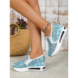 Breathable Floral Embroidery Slip-on Muffin Sneakers