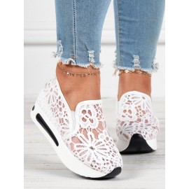 Floral Embroidered Mesh Paneled Slip-On Wedge Sneakers