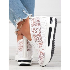 Floral Embroidered Mesh Paneled Slip-On Wedge Sneakers
