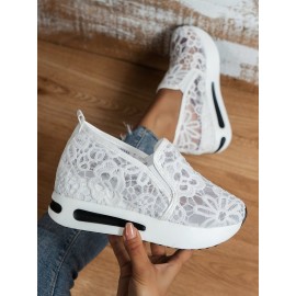 Floral Embroidered Mesh Paneled Slip-On Wedge Sneakers