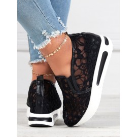 Floral Embroidered Mesh Paneled Slip-On Wedge Sneakers
