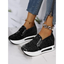 Floral Embroidered Mesh Paneled Slip-On Wedge Sneakers