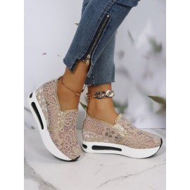 Floral Embroidered Mesh Paneled Slip-On Wedge Sneakers