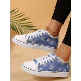 Daisy Graphic-Print Denim Lace-Up Canvas Flats