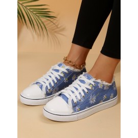 Daisy Graphic-Print Denim Lace-Up Canvas Flats