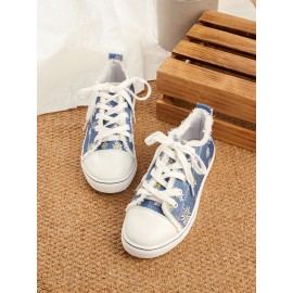 Daisy Graphic-Print Denim Lace-Up Canvas Flats